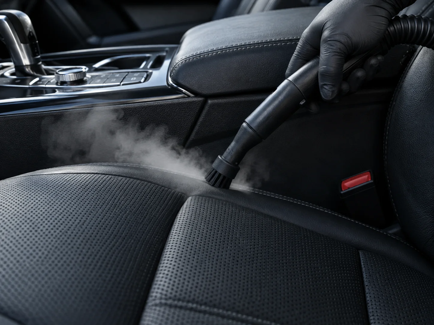 Illustration of a detailer carefully steam-cleaning dark vehicle upholstery